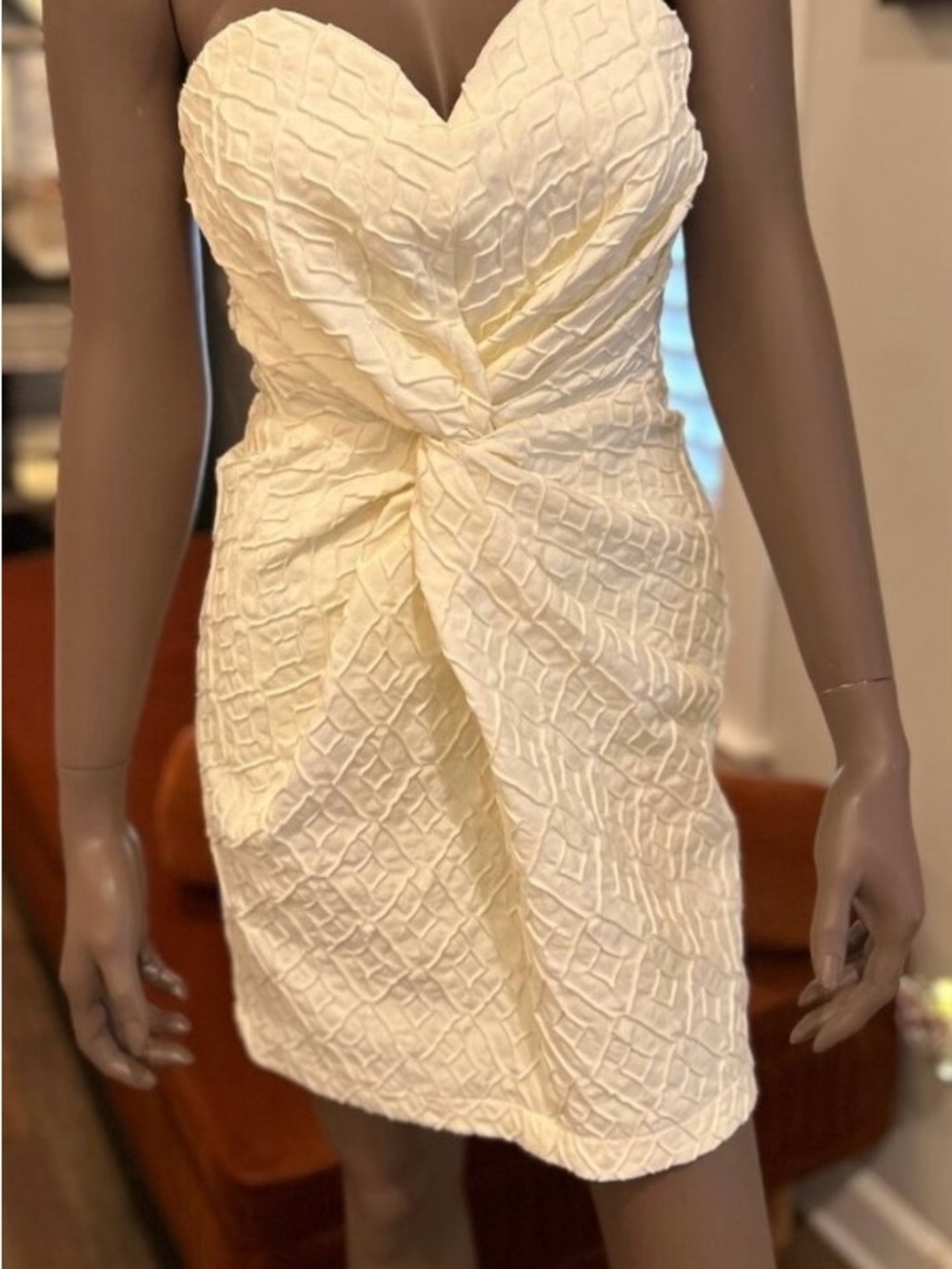 Lavender Brown Paloma Strapless Cream Textured Twist Front Mini Dress